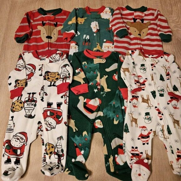 Lot Of 6 Carters Fleece Pjs Pajamas Sizes 3 Months Boys Christmas Santa Holiday - Picture 1 of 7